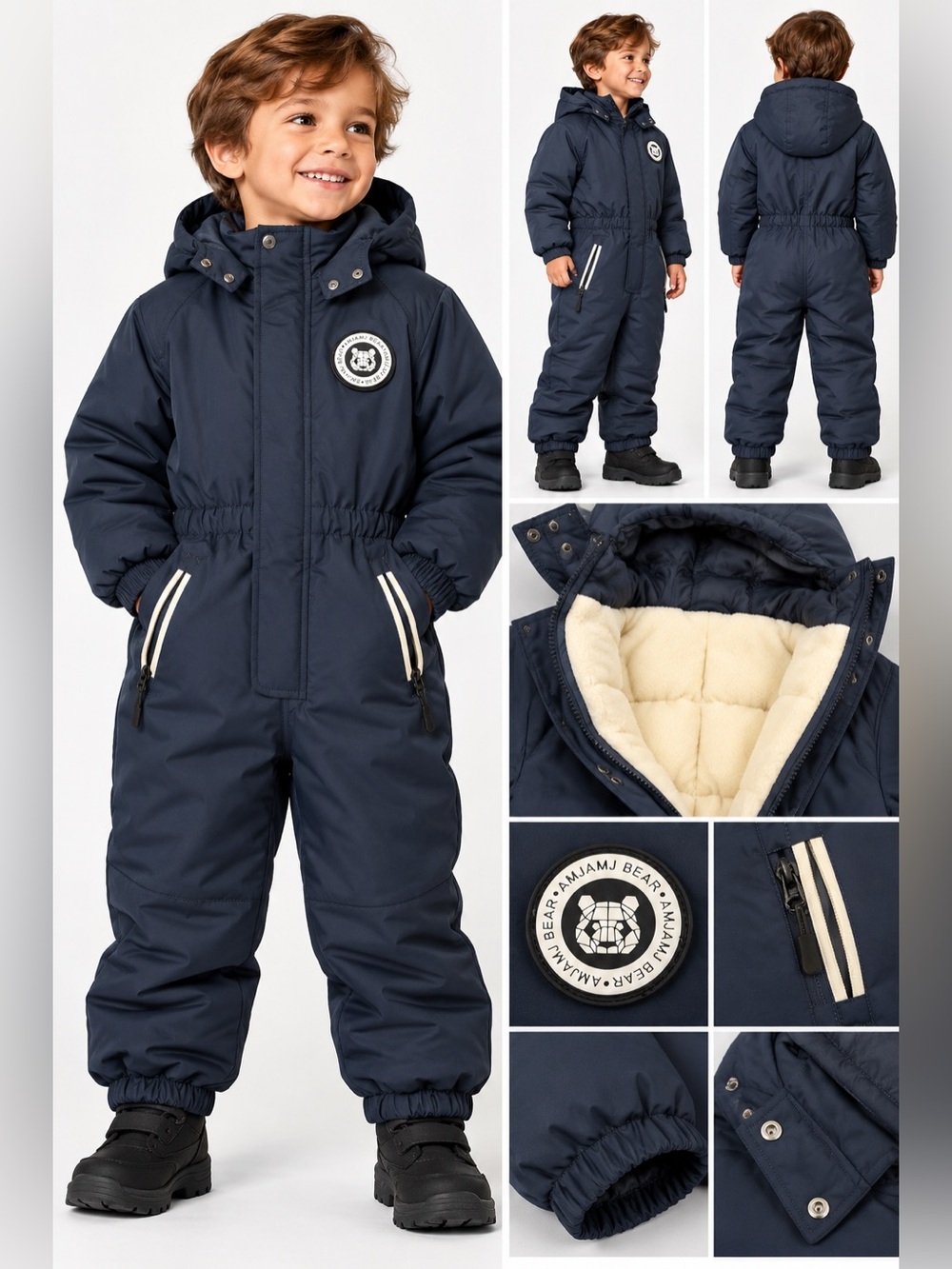 Amjamj Bear Toddler Snowsuit Navy Hooded Insulated Winter One Piece 12-18 months